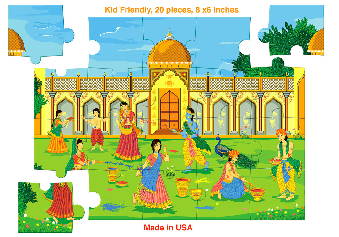 Holi Kid Jigsaw Puzzle Game - 8 x 6 inches - Made in USA - Krishna and Radha playing Holi