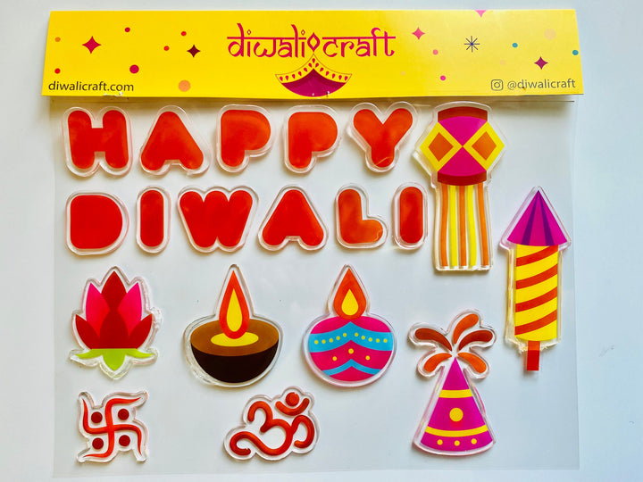 Diwali Gel Clings - 19 PCS Removable, Reusable (single side only), Decorate Puja Mandir, Window, Door, Refrigerator, Fireplace and much more