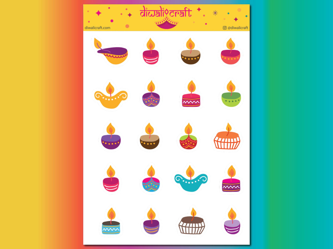 Diwali Diya Stickers - 20/25 stickers on 1 sticker sheet - Diwali Kids Activity, Favor, Gift for Home/School Parties