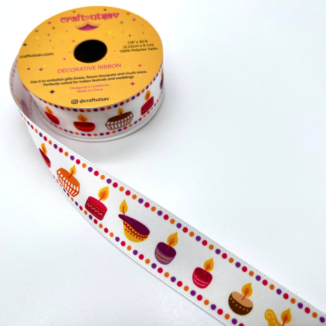 Diwali Diya Decoration Ribbon perfect for embellishing gifts, bouquets at Indian festivals or wedding, sangeet, haldi, mehendi ceremonies