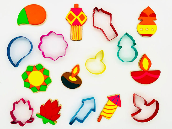 Diwali Cookie Cutter Set, 8 PCS Stainless steel Diya, Lantern, Fireworks, Mandala, Paisley, Lotus, Kalash. Biscuit Pastry Fondant Stencil