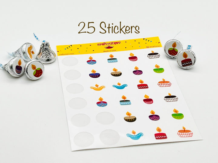 Diwali Diya Stickers - 20/25 stickers on 1 sticker sheet - Diwali Kids Activity, Favor, Gift for Home/School Parties